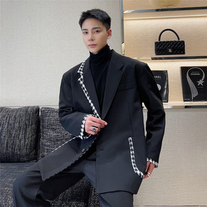 新款韩版休闲西装男个性拼接宽松便服西服外套A452--6191--P130图片