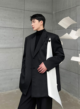 早春新黑白撞色西服外套太空棉休闲雅痞西装上衣A452--6322--P135