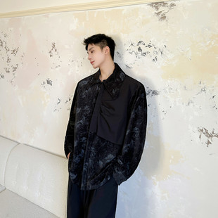 个性 衬衫 拼接款 休闲上衣A452 P105 新款 H184 丝绒暗纹长袖