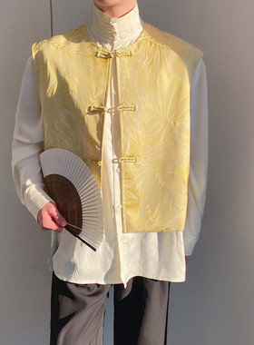 定制面料浮光暗纹黄色坎肩上衣百搭中国风马甲A452--6463--P115