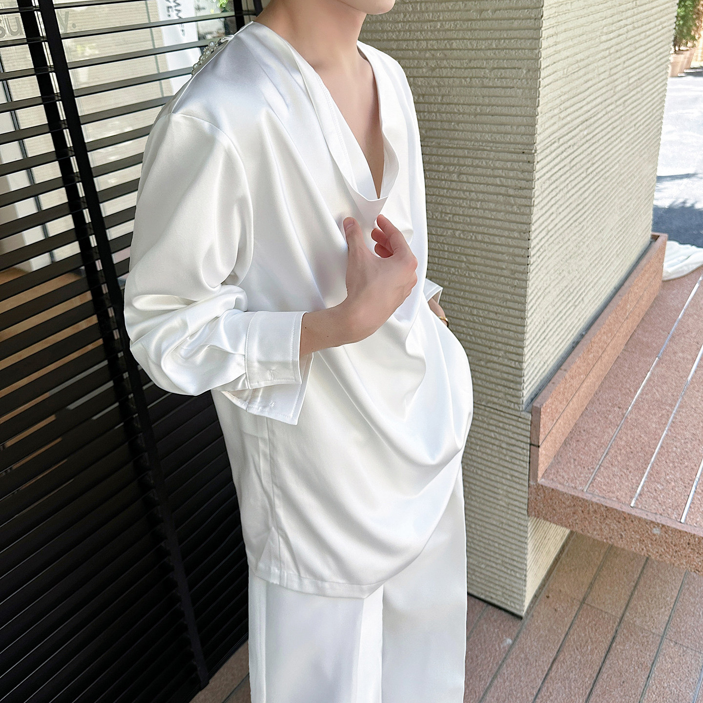 新款堆堆领廓形长袖衬衫重工可拆卸串珠休闲上衣A452--6537--P135,男装衬衫,电商A452