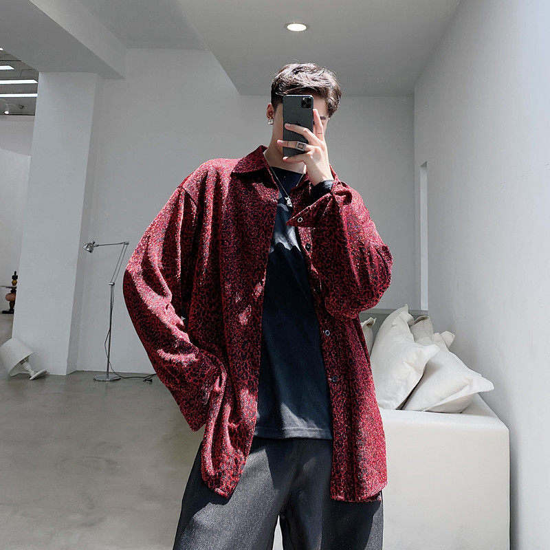 新款珠光豹纹长袖衬衫复古舞台装夜店风造型师上衣A452--H29--P75，男装衬衫，电商A452