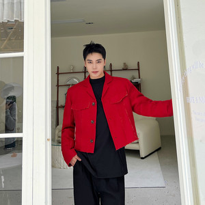 新款小香风翻领短款小西服男复古高街外套上衣潮A452--6396--P135图片