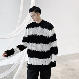 韩版潮流条纹休闲针织毛衣个性破洞廓形套头毛衫潮A452-MY18--P75