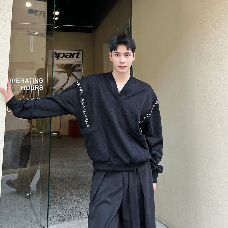 V领套头立体压花休闲卫衣潮风中式刺绣宽松外套A452-6420--P105,男装卫衣,电商A452