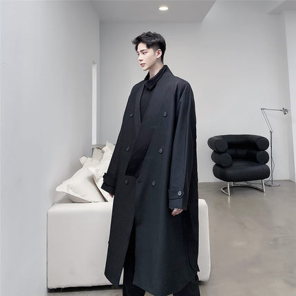 新暗黑风立领中长款大衣外套休闲廓形系腰带风衣A452--697--P145