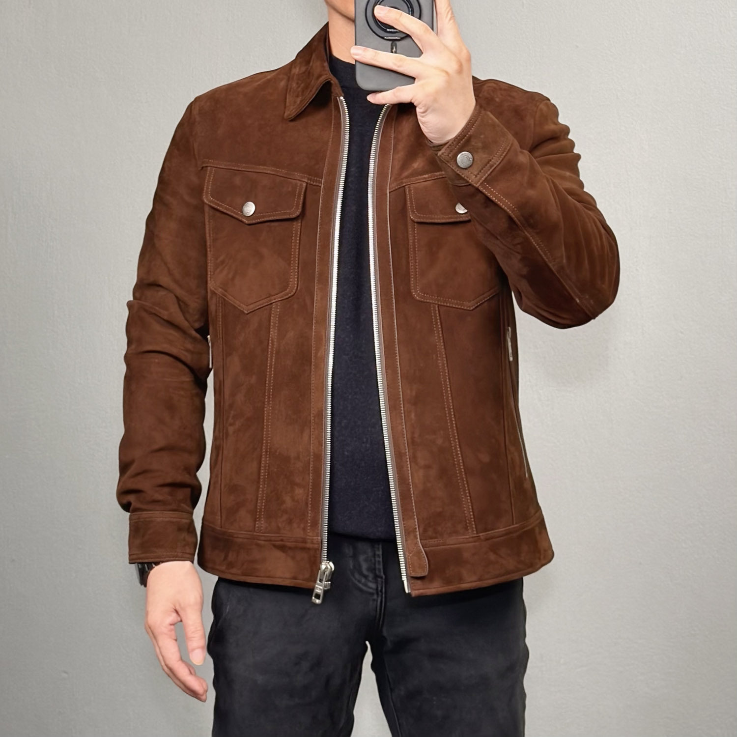 年底清仓男装进口山羊皮反绒皮衣翻毛皮真皮复古硬汉外套翻领夹克