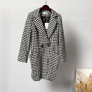 清库存 清仓特价冬季女装外套千鸟格翻领中长款呢大衣保暖