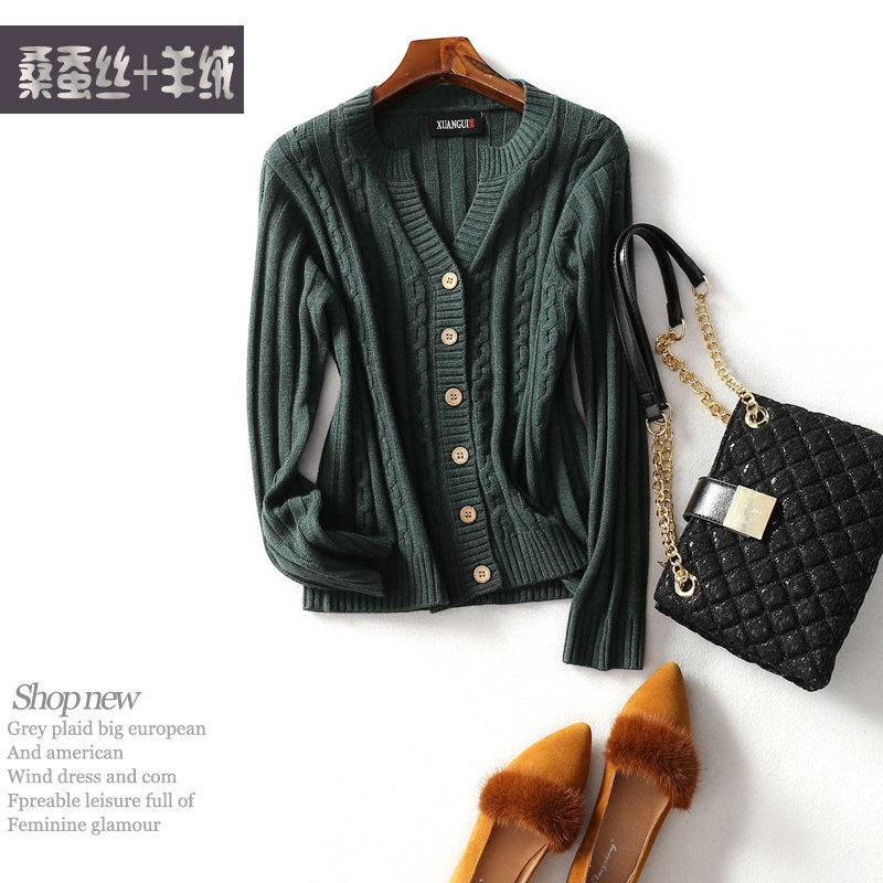 秋冬季女装外套休闲百搭麻花修身短款九分袖真丝针织厚款开衫