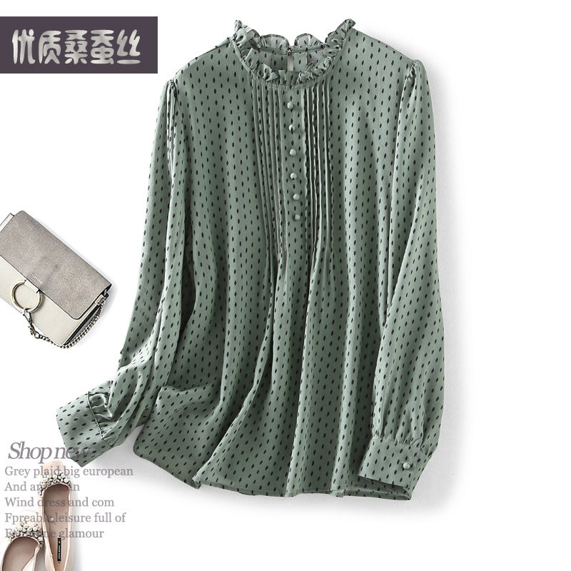 春夏女装真丝上衣花边圆领小圆点印花套头长袖淑女桑蚕丝衬衫