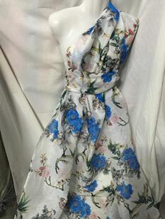 本白色底蓝色优雅花朵桑蚕丝真丝麻面料 衬衫汉服旗袍裙子布料