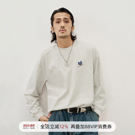 714street美式复古滑雪插画印花长袖T恤2025秋季落肩袖纯棉上衣男