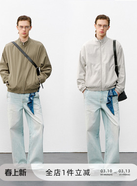 714street复古亚麻混纺立领夹克2026春季潮牌宽松两面穿外套男款