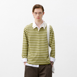 上衣女 复古Polo衫 714street条纹提花肌感针织长袖 T恤男2026春季