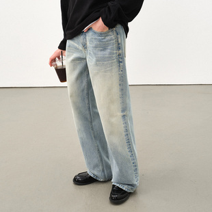 714street水洗纯棉水波纹牛仔裤 男2025秋冬猫须复古直筒休闲长裤