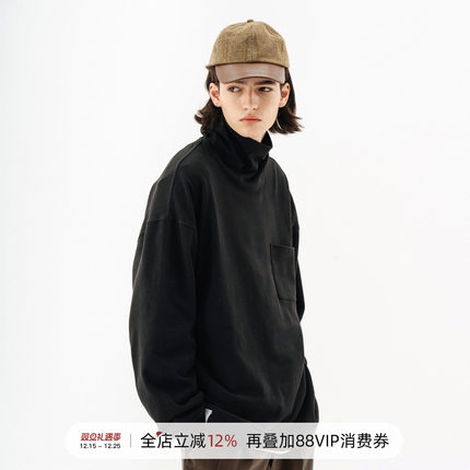 714street纯色高领长袖22年秋新潮打底衫日系简约宽松体恤男上衣