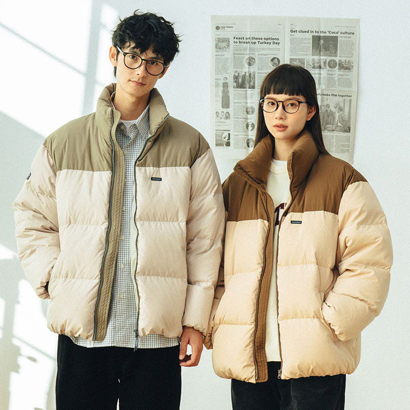 714street立领拼接羽绒服男秋冬季加绒加厚短款潮牌情侣保暖外套