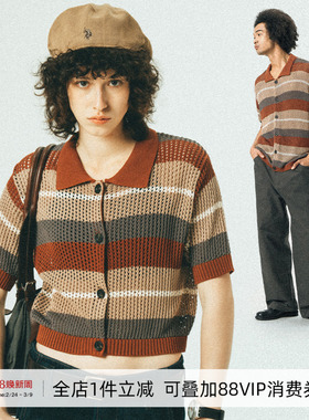 714street潮牌男女短袖衬衫2024夏季新款镂空针织开衫翻领T恤