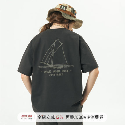 714street潮牌夏季重磅印花短袖T恤男2024新款打底衫情侣复古体恤