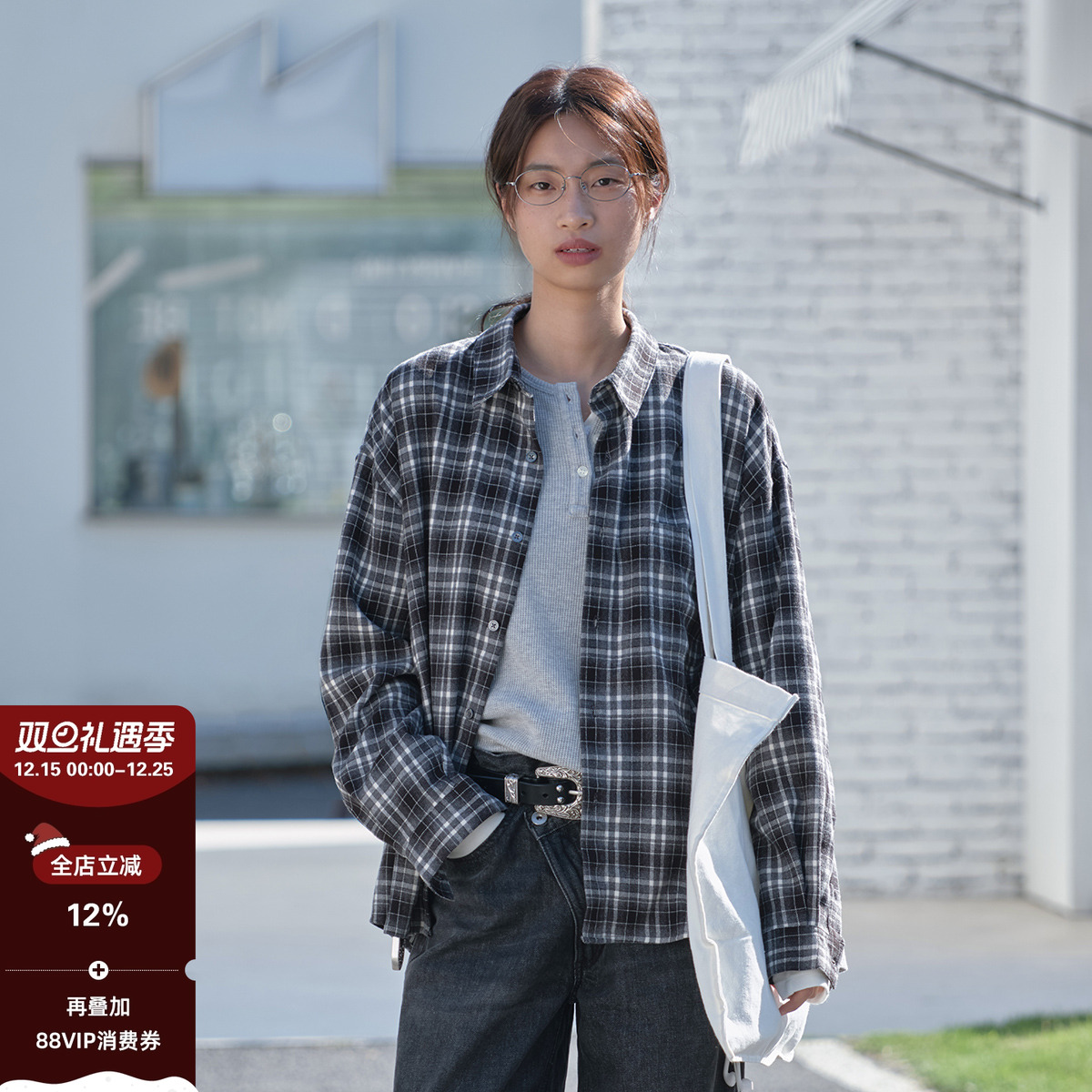 714street复古拉毛绒感格子衬衫男2025秋冬情侣长袖简约衬衣外套