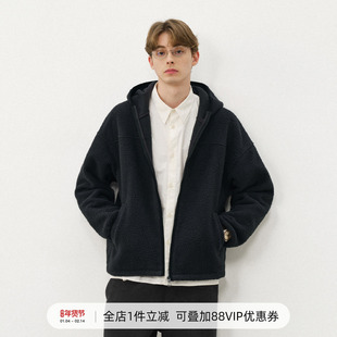 714street纯色羊羔绒连帽夹克百搭宽松2025新款工装棉服男秋冬