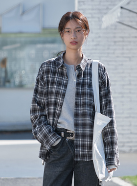 714street复古拉毛绒感格子衬衫男2025秋冬情侣长袖简约衬衣外套