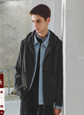 714street高端线BEHALF 弧型口袋 层次抽皱 绒面极简开衫连帽卫衣