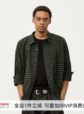 714street秋季褶皱肌理感泡泡纱格子衬衫男2025宽松长袖衬衣外套