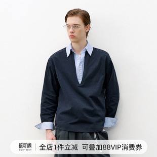 714street双层领假两件撞色长袖 男2026肌理感半开襟情侣衬衣 衬衫