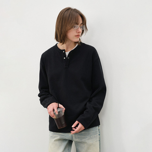 714street重磅肌理感落肩袖 亨利领t恤男 宽松加绒卫衣2025秋长袖