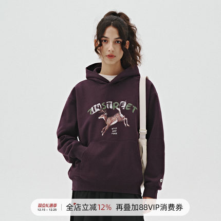 714street手绘动物印花宽松落肩连帽卫衣男女款潮牌秋冬情侣帽衫