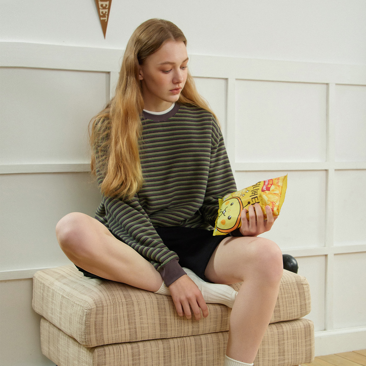 714street毛巾料条纹长袖T恤