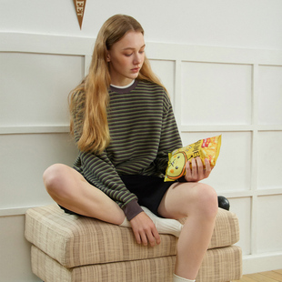 情侣装 T恤男女2025春季 日系宽松上衣 毛巾料条纹长袖 714street新款