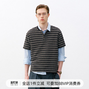 潮牌半开领条纹休闲针织衫 T恤男2026春季 714street复古亨利领短袖