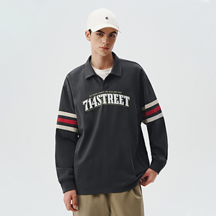 男女宽松印花长袖 714street美式 学院风polo衫 新款 T恤 复古2024秋季