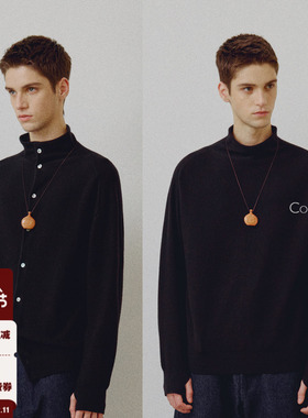 714street高端线BEHALF 100%美利奴羊毛正反穿贝壳扣高领开衫毛衣