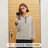 714street亚麻条纹亨利领T恤男2026春季 色织双色休闲情侣打底长袖