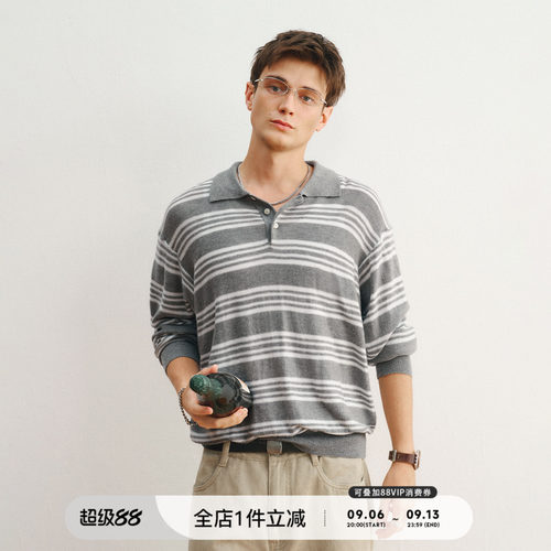 半开翻领条纹POLO毛衣