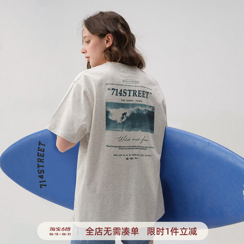 714street冲浪招贴印花短袖T恤