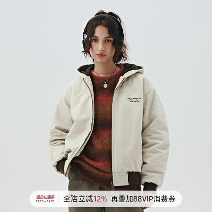 714street撞色棉服美式复古连帽棉外套秋冬新款男女宽松工装夹克