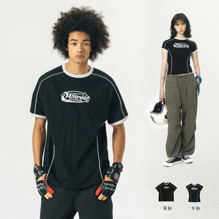 复古打底衫 印花体恤美式 T恤男女春夏新款 714street潮牌撞色短袖