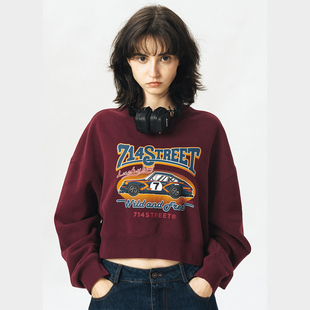 T恤休闲打底衫 714street潮牌美式 印花长袖 卫衣女秋冬新款 复古短款