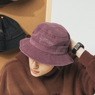 714street潮牌复古盆帽男女纯色水洗渔夫帽简约logo刺绣遮阳帽子