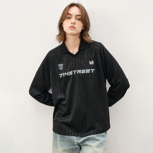 714street复古珠光条纹长袖 情侣休闲足球风翻领上衣 T恤男2025秋季