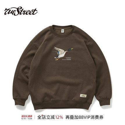 714street美式复古套头毛衣男秋冬新款情侣装潮牌纹理感圆领卫衣