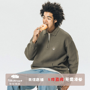 714street半拉链卫衣男潮牌日系复古华夫格秋装宽松上衣情侣外套