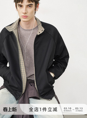 714street美式复古哈灵顿夹克2025秋冬千鸟格纹拼接加绒厚外套男