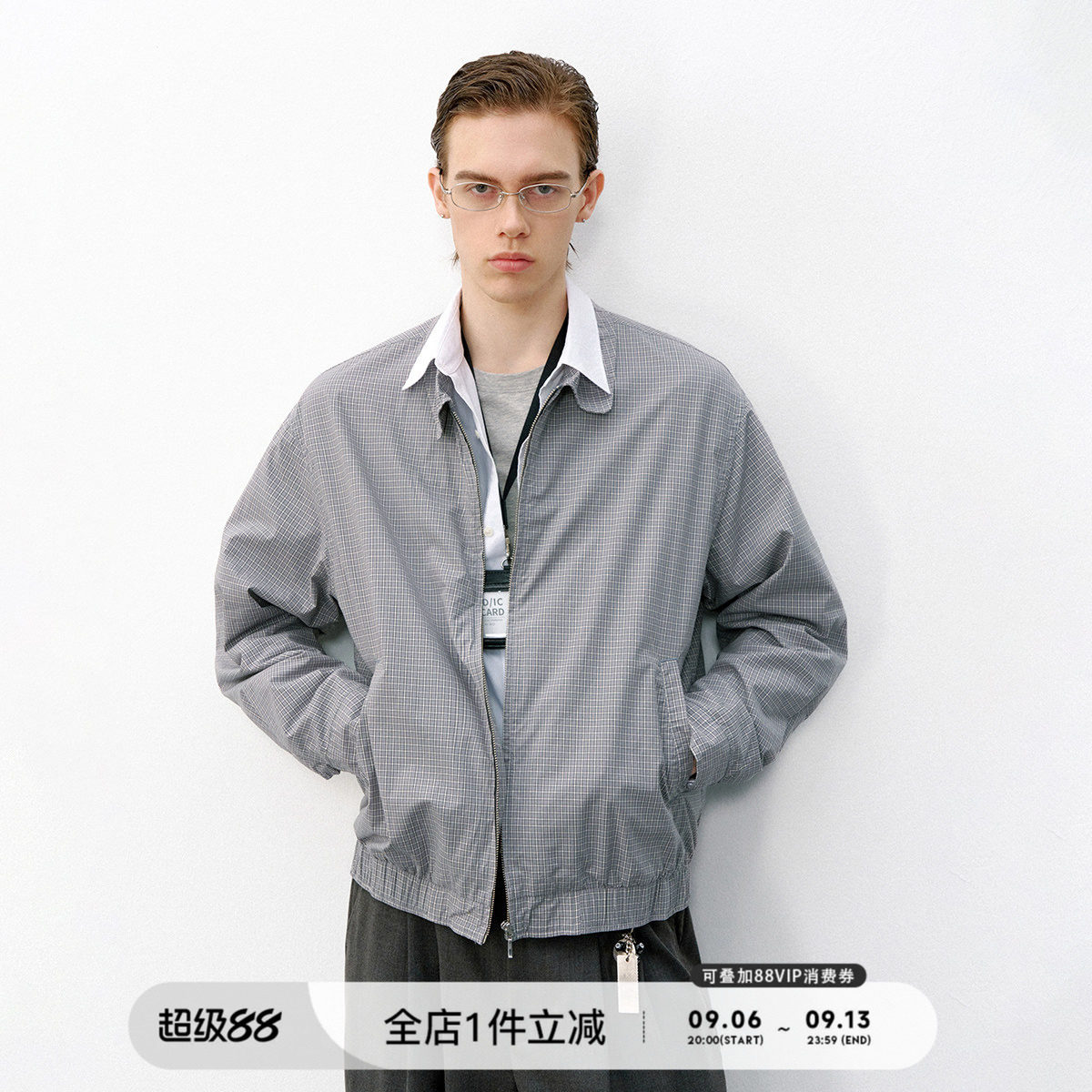 714street美式复古格纹哈灵顿夹克男2026春季休闲老钱风翻领外套