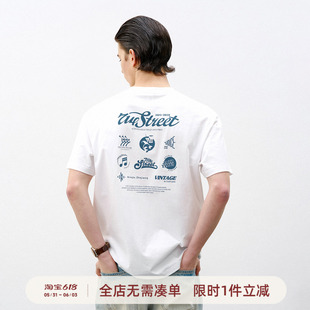714street复古爵士乐主题印花纯棉T恤男2026夏季美式宽松情侣短袖