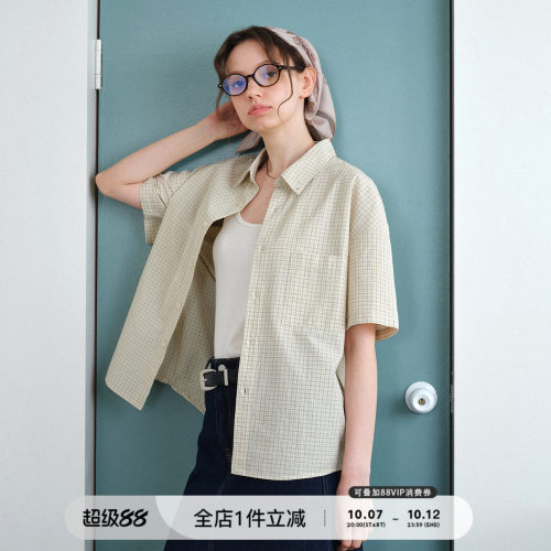 714street高密砂洗格纹短袖衬衫